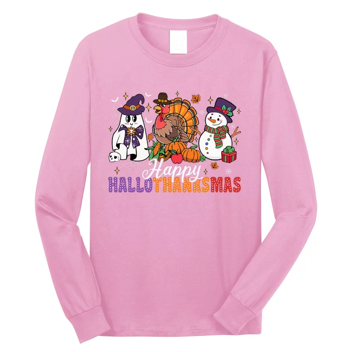 Halloween Thanksgiving Christmas Happy Hallothanksmas Long Sleeve Shirt