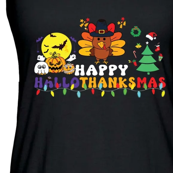 Halloween Thanksgiving Christmas Turkey Happy Hallothanksmas Ladies Essential Flowy Tank