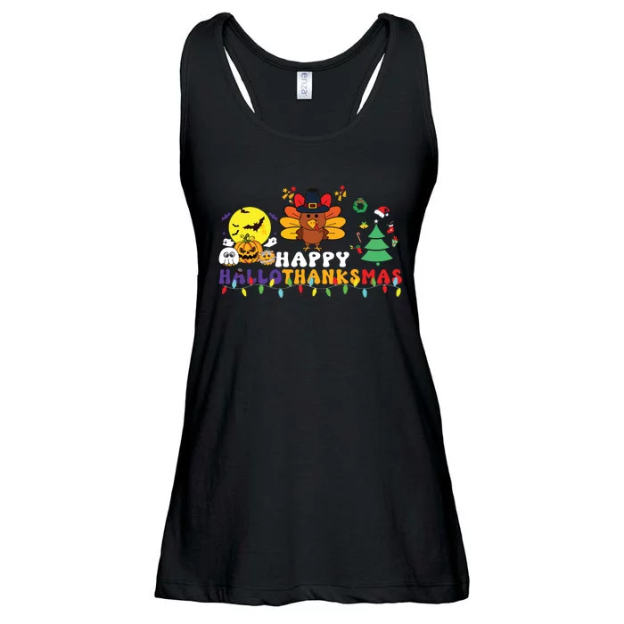 Halloween Thanksgiving Christmas Turkey Happy Hallothanksmas Ladies Essential Flowy Tank