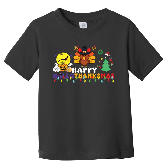 Halloween Thanksgiving Christmas Turkey Happy Hallothanksmas Toddler T-Shirt