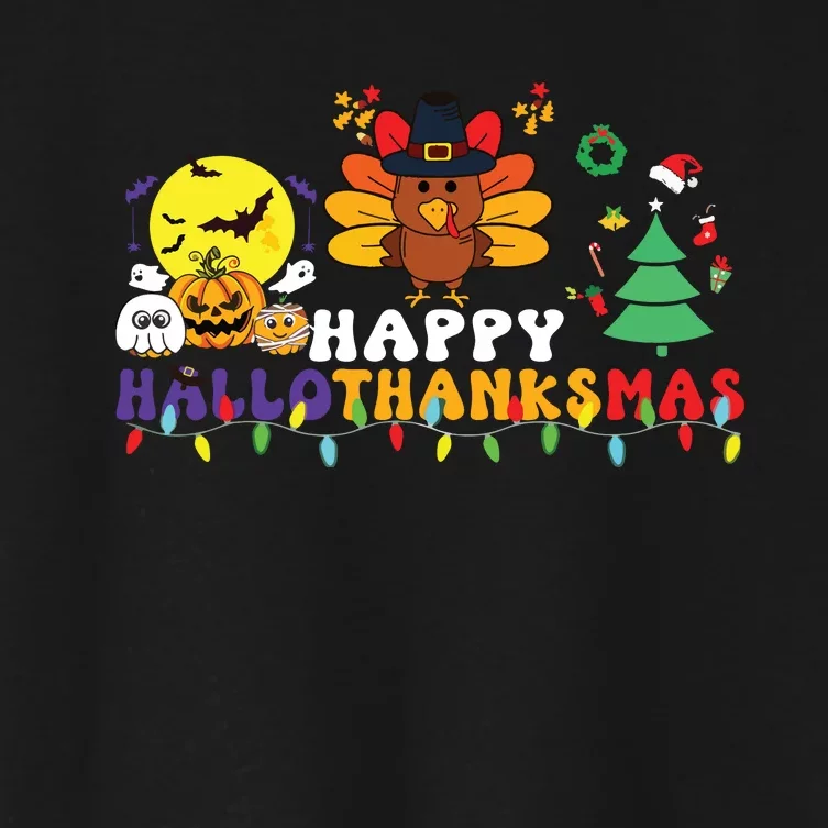 Halloween Thanksgiving Christmas Turkey Happy Hallothanksmas Women's Crop Top Tee