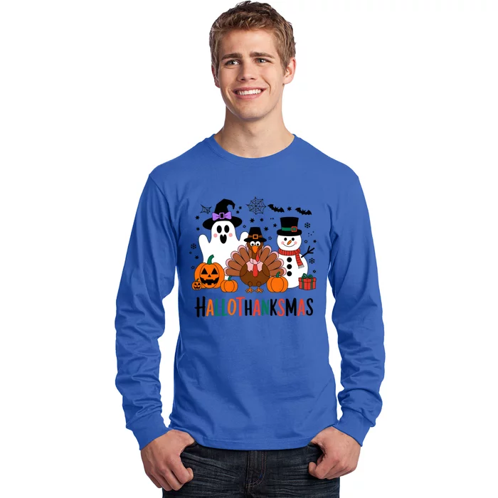 Halloween Thanksgiving Christmas Happy Hallothanksmas Gift Long Sleeve Shirt