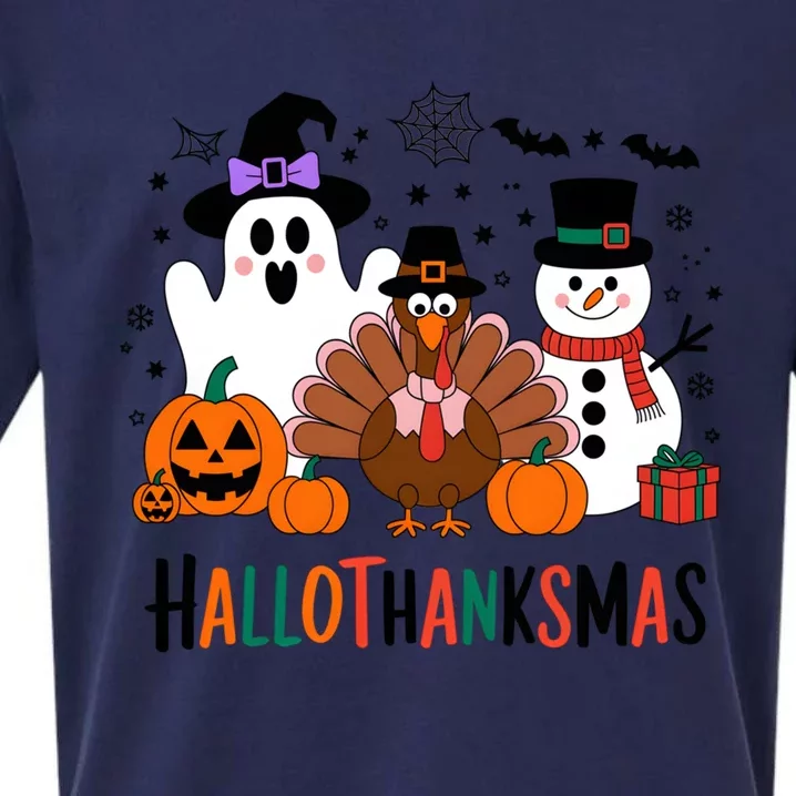 Halloween Thanksgiving Christmas Happy Hallothanksmas Gift Sueded Cloud Jersey T-Shirt