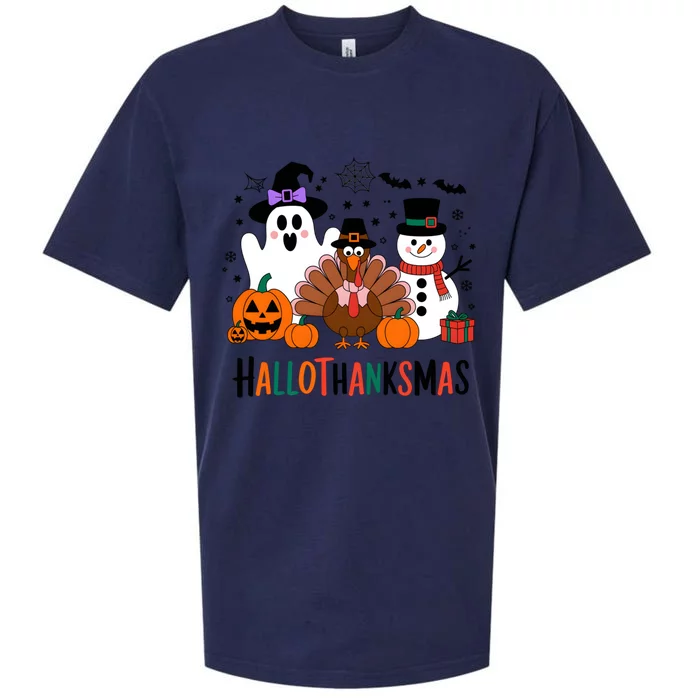 Halloween Thanksgiving Christmas Happy Hallothanksmas Gift Sueded Cloud Jersey T-Shirt