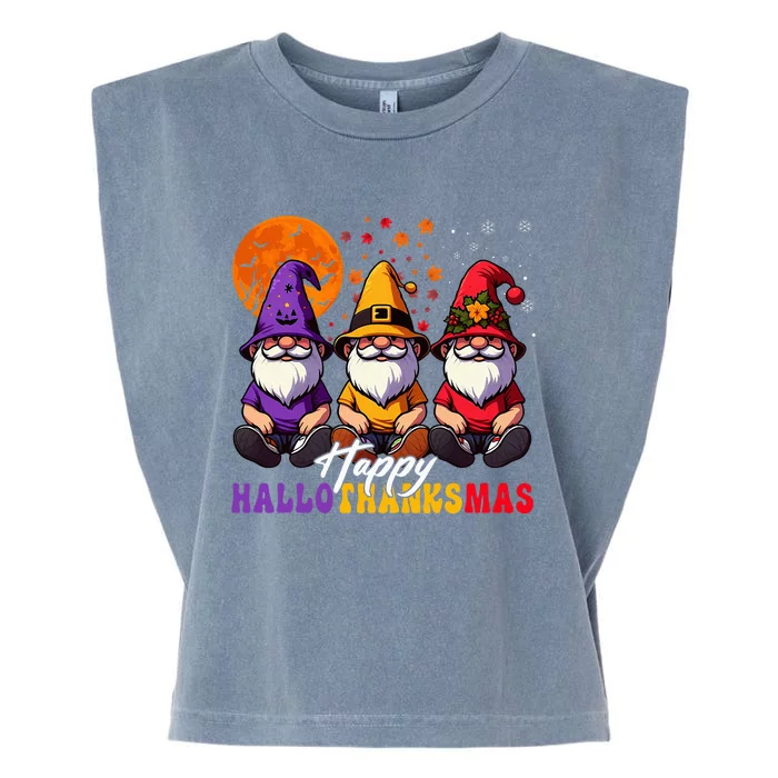 Halloween Thanksgiving Christmas Happy Hallothanksmas Gnomes Garment-Dyed Women's Muscle Tee