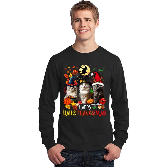 Halloween Thanksgiving Christmas Happy Hallothanksmas Cats Tall Long Sleeve T-Shirt