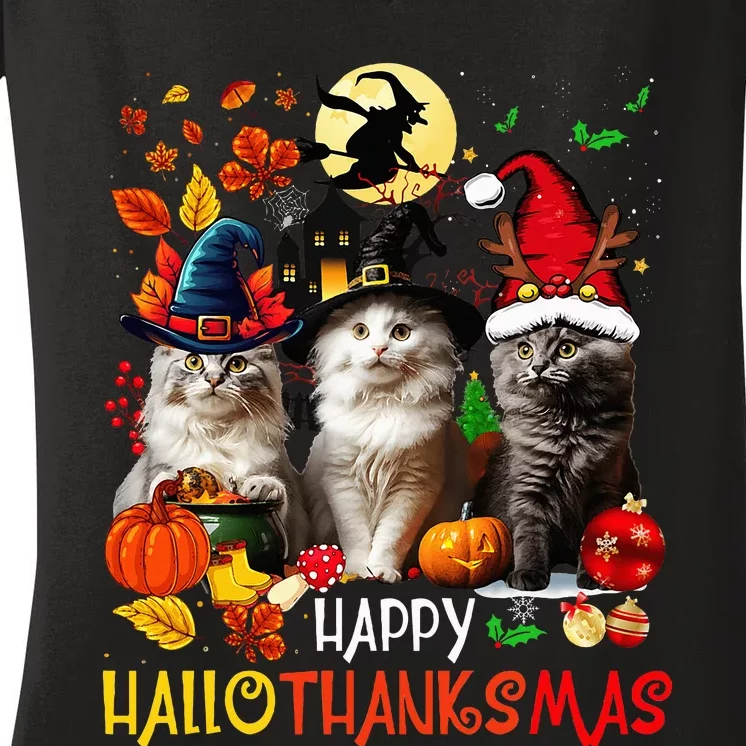 Halloween Thanksgiving Christmas Happy Hallothanksmas Cats Women's V-Neck T-Shirt