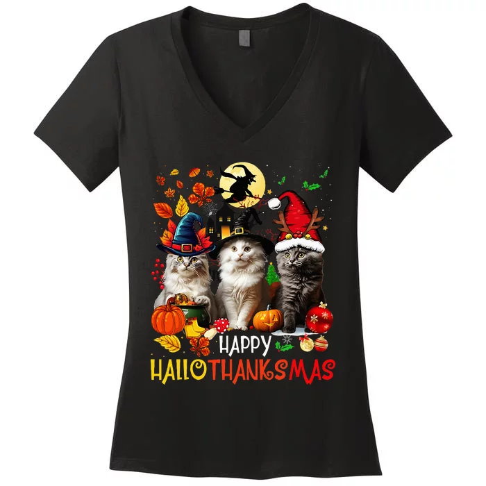 Halloween Thanksgiving Christmas Happy Hallothanksmas Cats Women's V-Neck T-Shirt