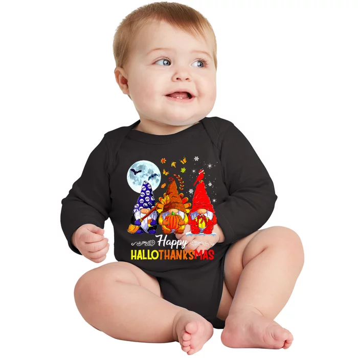 Halloween Thanksgiving Christmas Happy Hallothanksmas Gnomes Baby Long Sleeve Bodysuit