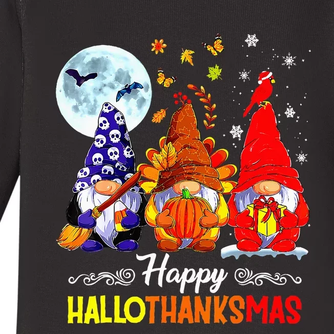 Halloween Thanksgiving Christmas Happy Hallothanksmas Gnomes Baby Long Sleeve Bodysuit