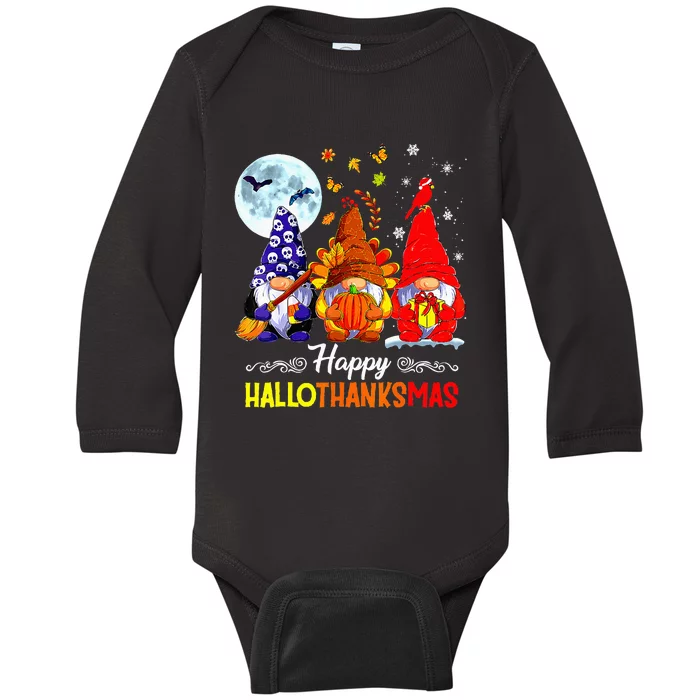 Halloween Thanksgiving Christmas Happy Hallothanksmas Gnomes Baby Long Sleeve Bodysuit