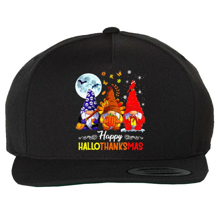 Halloween Thanksgiving Christmas Happy Hallothanksmas Gnomes Wool Snapback Cap