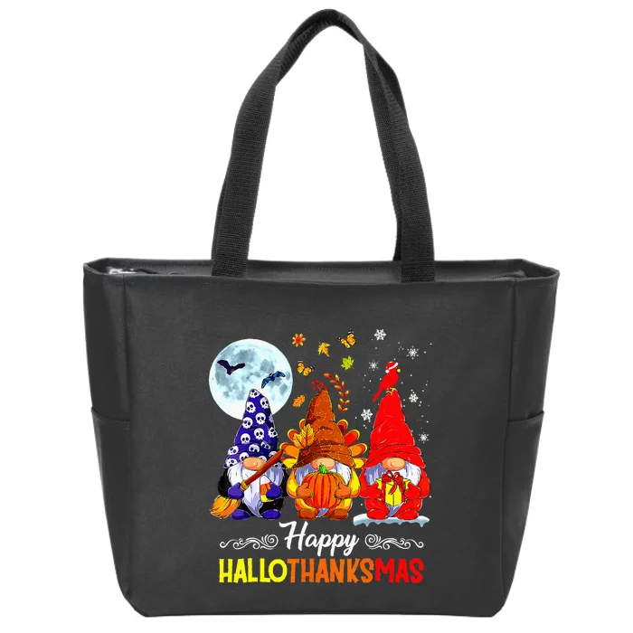 Halloween Thanksgiving Christmas Happy Hallothanksmas Gnomes Zip Tote Bag