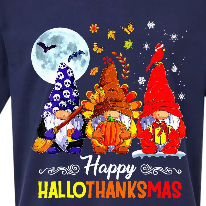 Halloween Thanksgiving Christmas Happy Hallothanksmas Gnomes Sueded Cloud Jersey T-Shirt