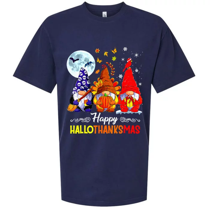 Halloween Thanksgiving Christmas Happy Hallothanksmas Gnomes Sueded Cloud Jersey T-Shirt