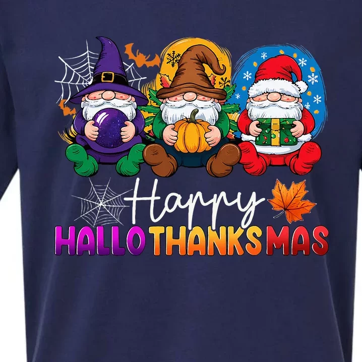 Halloween Thanksgiving Christmas Happy Hallothanksmas Gnomes Sueded Cloud Jersey T-Shirt