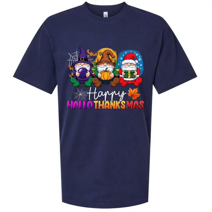 Halloween Thanksgiving Christmas Happy Hallothanksmas Gnomes Sueded Cloud Jersey T-Shirt