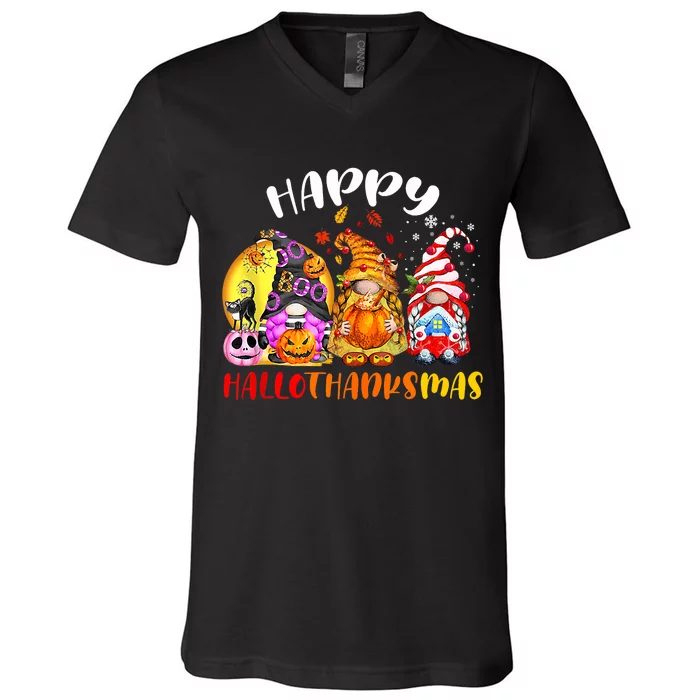 Halloween Thanksgiving Christmas Happy HalloThanksMas Gnomes V-Neck T-Shirt