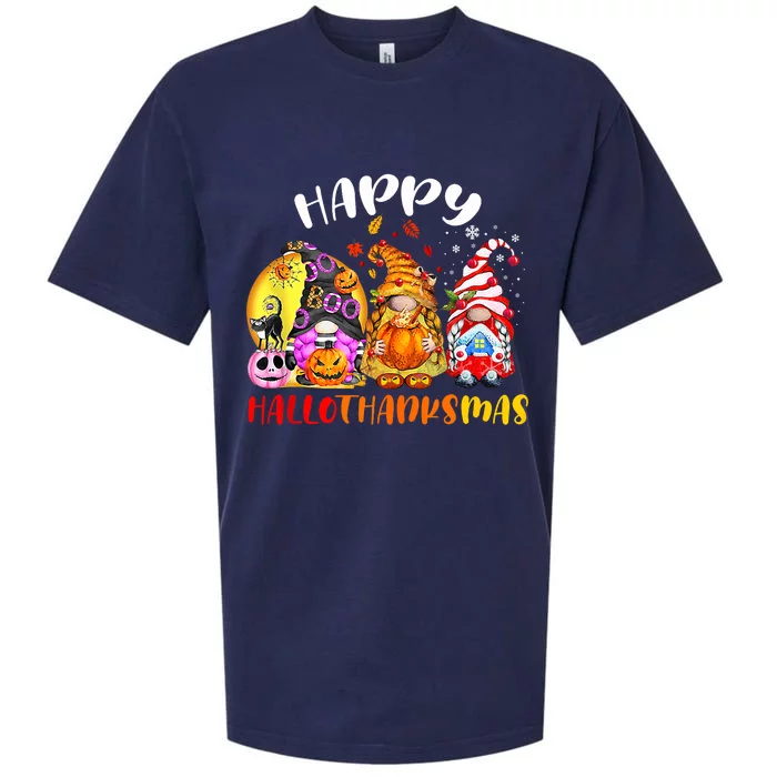 Halloween Thanksgiving Christmas Happy HalloThanksMas Gnomes Sueded Cloud Jersey T-Shirt