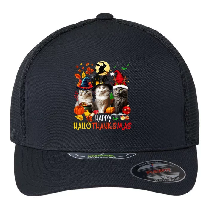 Halloween Thanksgiving Christmas Happy Hallothanksmas Cats Flexfit Unipanel Trucker Cap