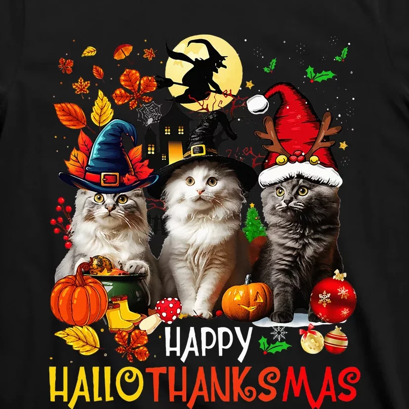 Halloween Thanksgiving Christmas Happy Hallothanksmas Cats T-Shirt