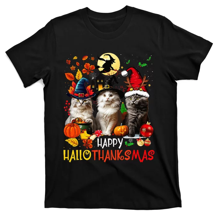 Halloween Thanksgiving Christmas Happy Hallothanksmas Cats T-Shirt