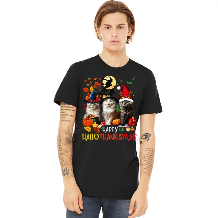 Halloween Thanksgiving Christmas Happy Hallothanksmas Cats Premium T-Shirt