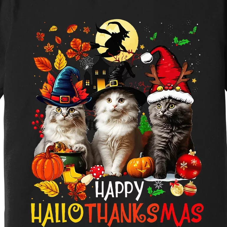 Halloween Thanksgiving Christmas Happy Hallothanksmas Cats Premium T-Shirt