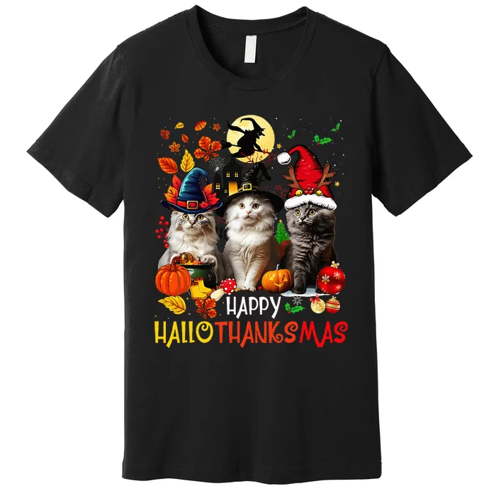 Halloween Thanksgiving Christmas Happy Hallothanksmas Cats Premium T-Shirt