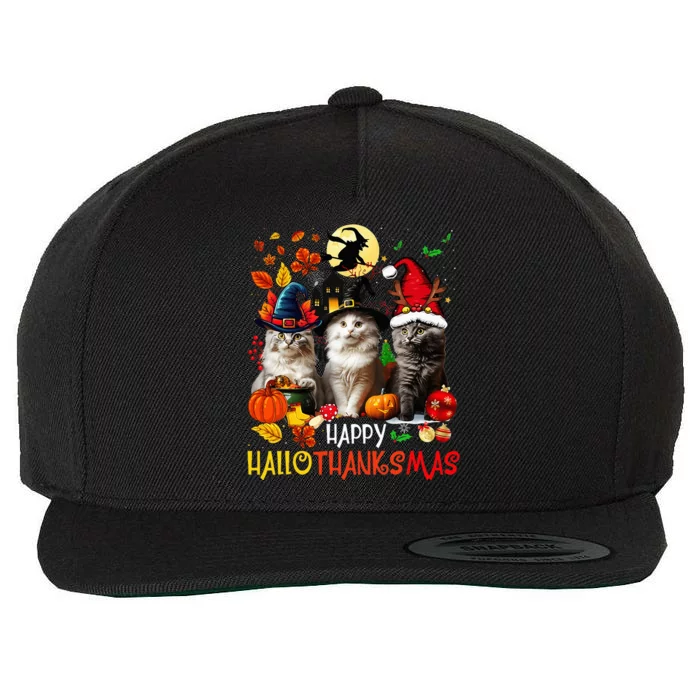 Halloween Thanksgiving Christmas Happy Hallothanksmas Cats Wool Snapback Cap