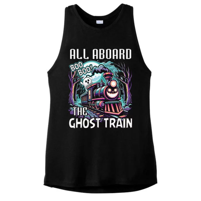 Halloween Train Choo Cho Locomotive All Aboard Railroad Ladies Tri-Blend Wicking Tank