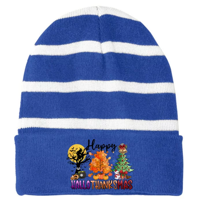 Halloween Thanksgiving Christmas Tree Happy Hallothanksmas Cute Gift Striped Beanie with Solid Band