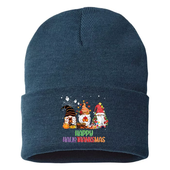 Halloween Thanksgiving Christmas Happy Hallothanksmas Gnomes Sustainable Knit Beanie