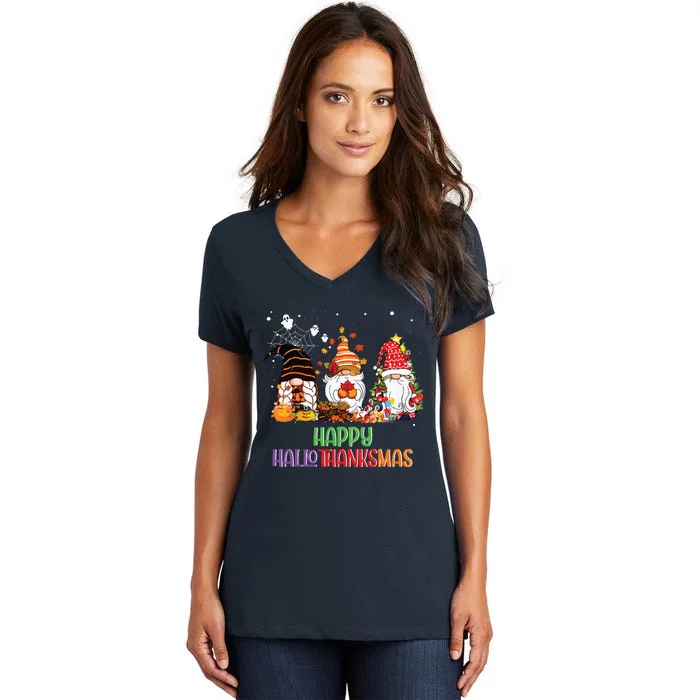 Halloween Thanksgiving Christmas Happy Hallothanksmas Gnomes Women's V-Neck T-Shirt