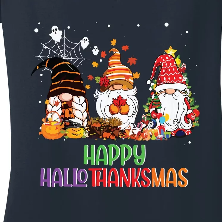 Halloween Thanksgiving Christmas Happy Hallothanksmas Gnomes Women's V-Neck T-Shirt