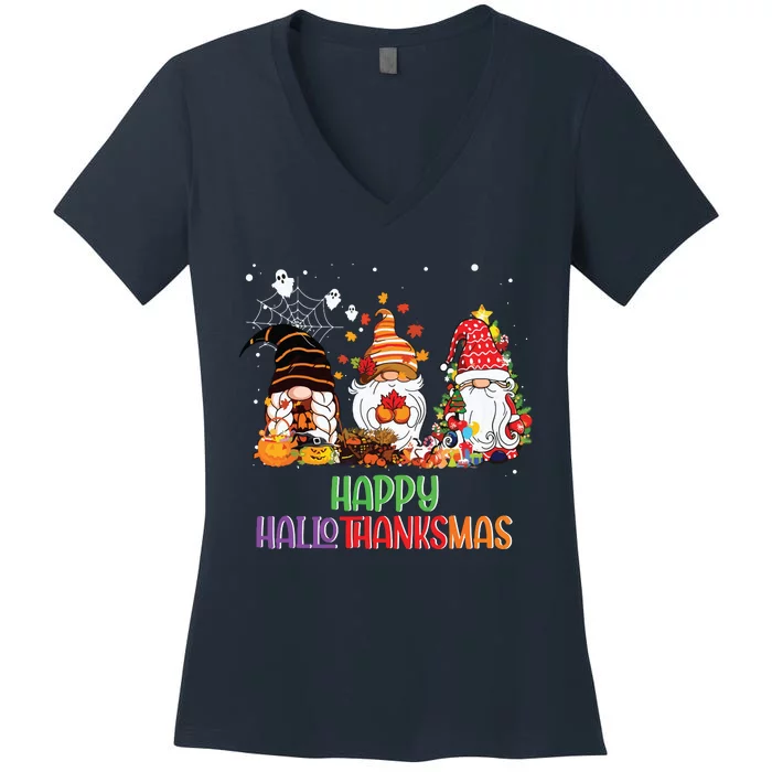 Halloween Thanksgiving Christmas Happy Hallothanksmas Gnomes Women's V-Neck T-Shirt