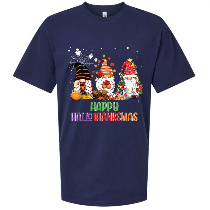 Halloween Thanksgiving Christmas Happy Hallothanksmas Gnomes Sueded Cloud Jersey T-Shirt