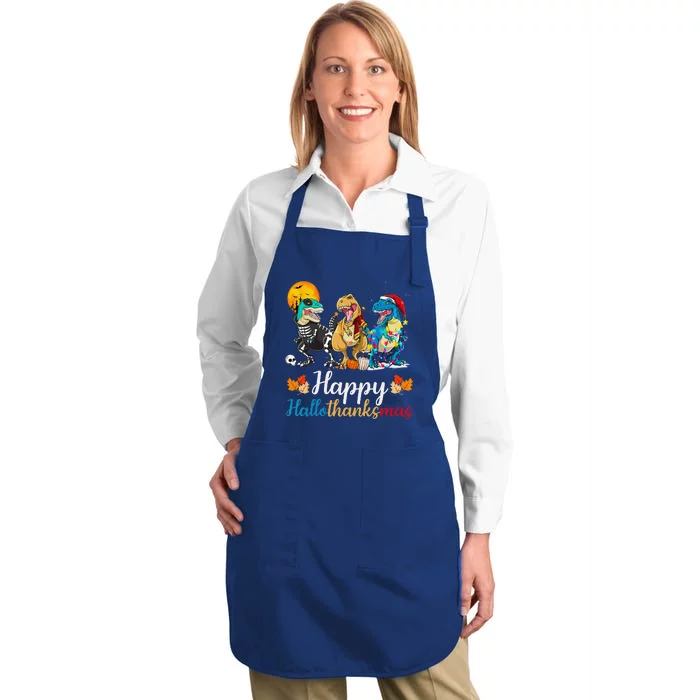 Halloween Thanksgiving Christmas Happy HalloThanksMas T Rex Full-Length Apron With Pocket