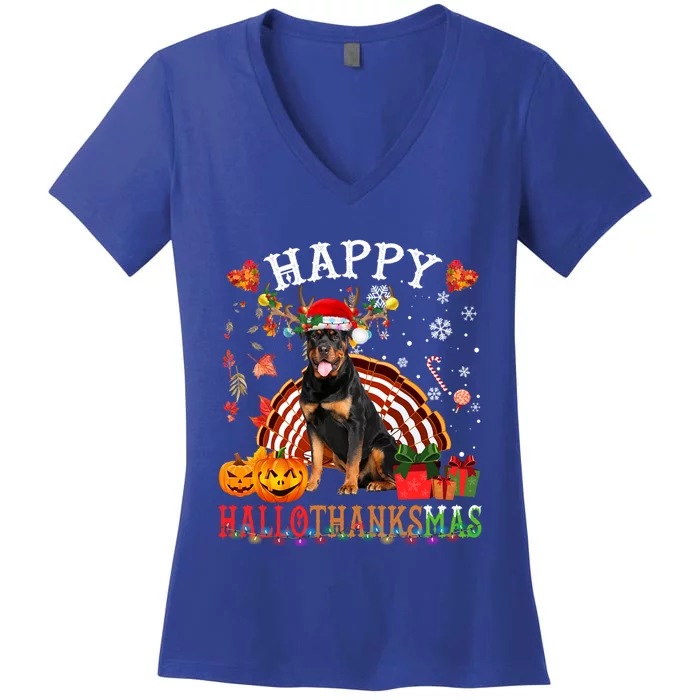 Halloween Thanksgiving Christmas Rottweiler Hallothanksmas Gift Women's V-Neck T-Shirt