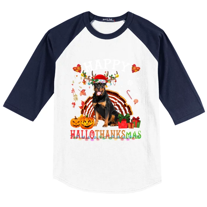 Halloween Thanksgiving Christmas Rottweiler Hallothanksmas Gift Baseball Sleeve Shirt