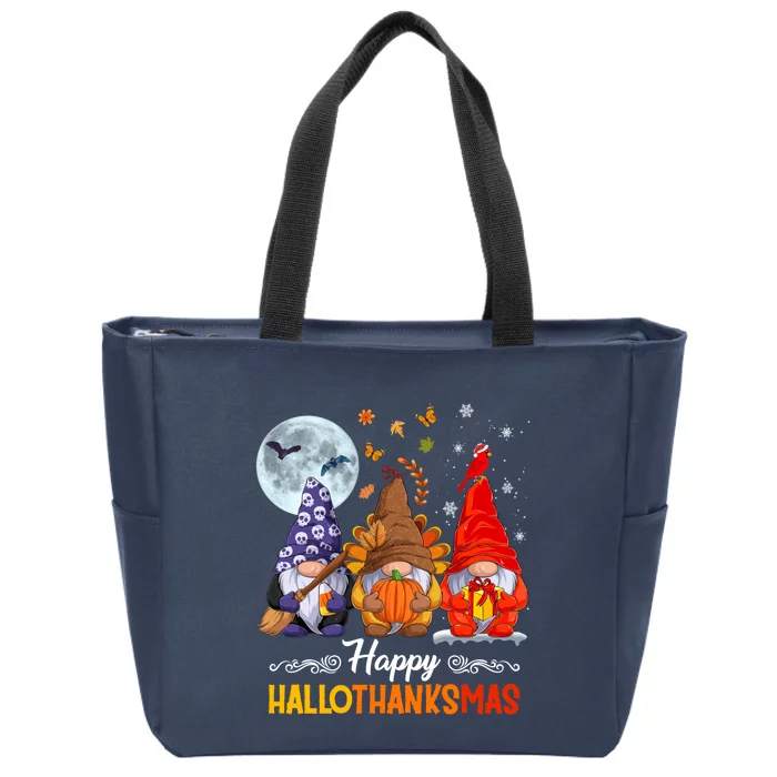 Halloween Thanksgiving Christmas Happy HalloThanksMas Gnomes Zip Tote Bag