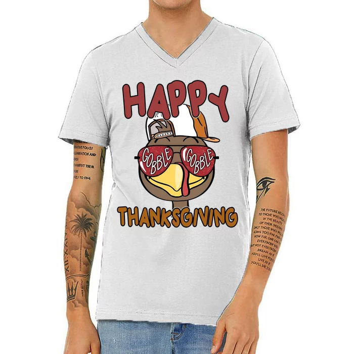 Happy Thanksgiving Cool Gobble Turkey V-Neck T-Shirt