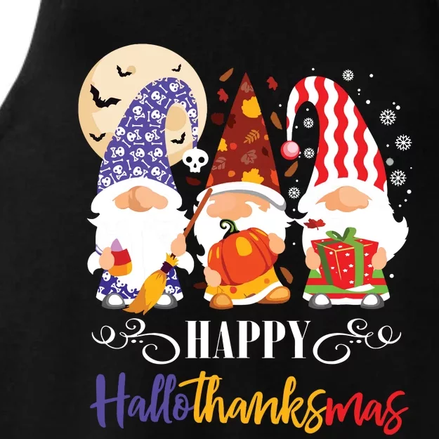 Halloween Thanksgiving Christmas Gnome Happy Hallothanksmas Ladies Tri-Blend Wicking Tank