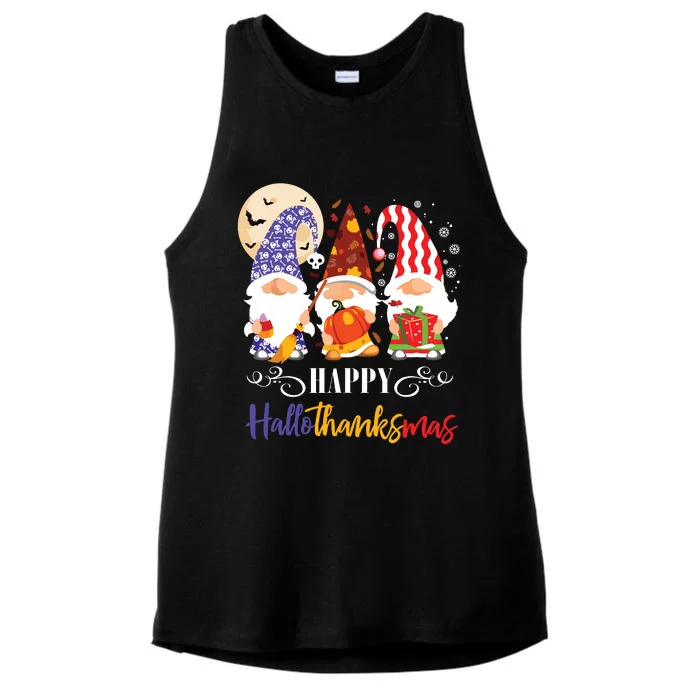 Halloween Thanksgiving Christmas Gnome Happy Hallothanksmas Ladies Tri-Blend Wicking Tank