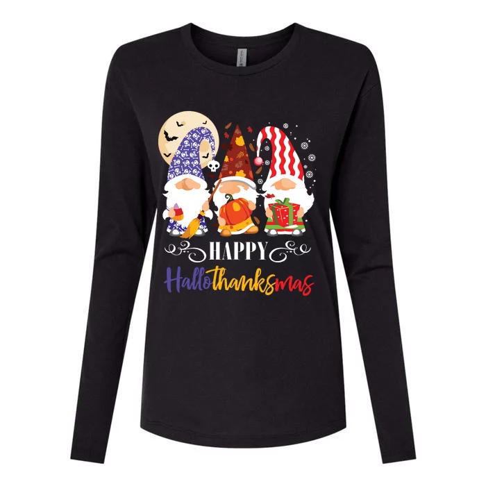 Halloween Thanksgiving Christmas Gnome Happy Hallothanksmas Womens Cotton Relaxed Long Sleeve T-Shirt