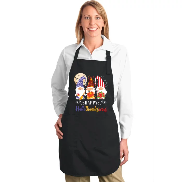 Halloween Thanksgiving Christmas Gnome Happy Hallothanksmas Full-Length Apron With Pocket