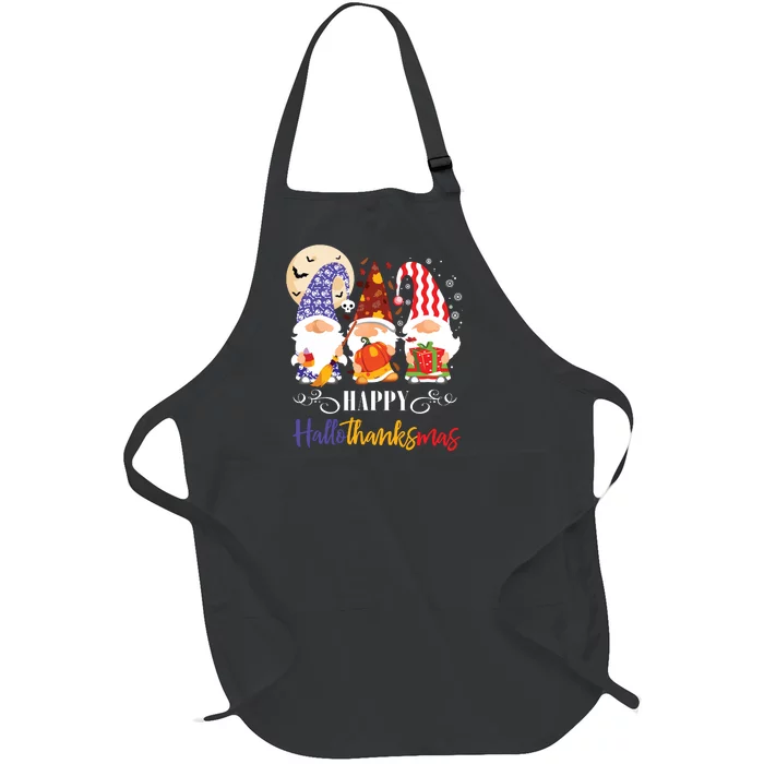 Halloween Thanksgiving Christmas Gnome Happy Hallothanksmas Full-Length Apron With Pocket