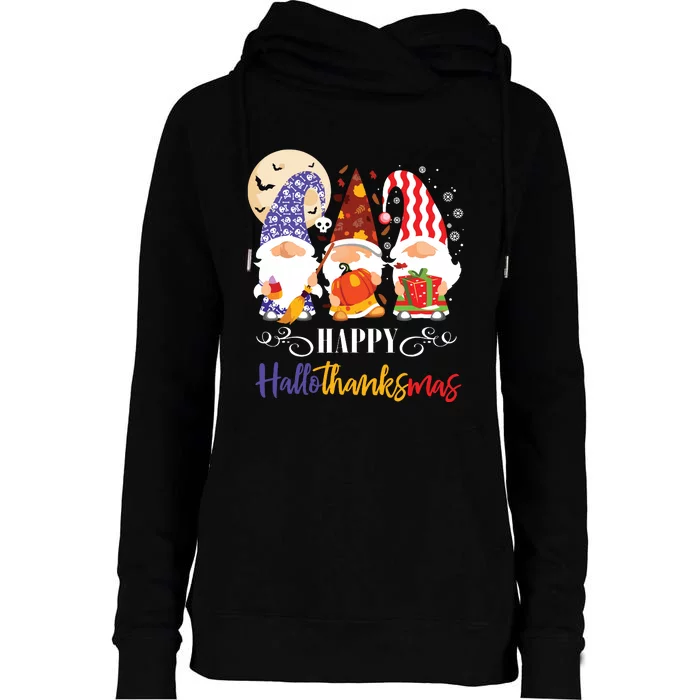 Halloween Thanksgiving Christmas Gnome Happy Hallothanksmas Womens Funnel Neck Pullover Hood