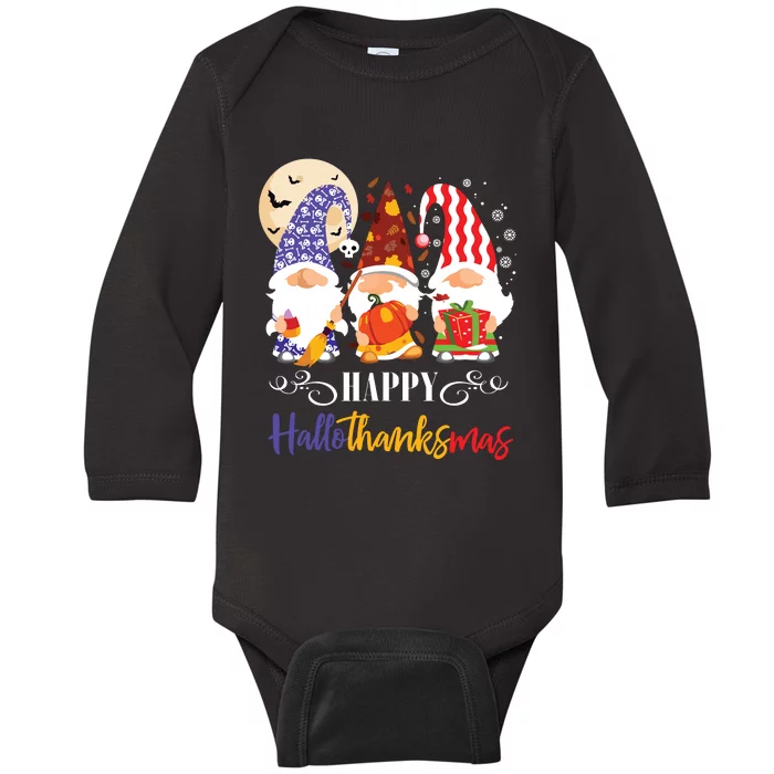 Halloween Thanksgiving Christmas Gnome Happy Hallothanksmas Baby Long Sleeve Bodysuit