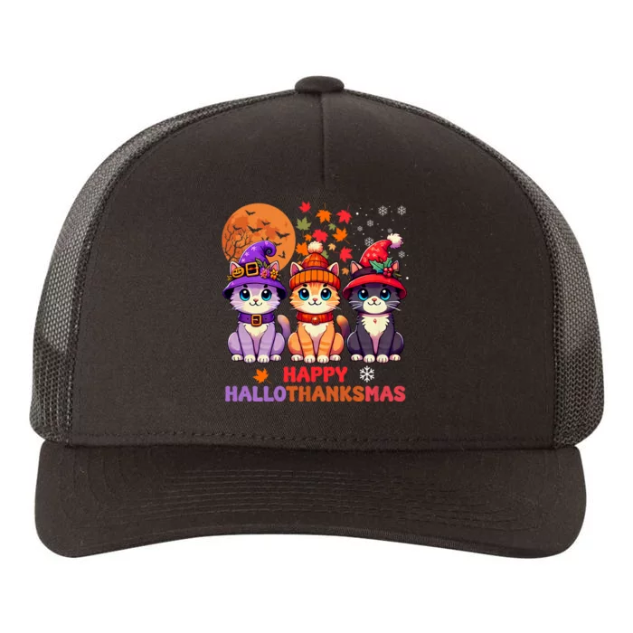 Halloween Thanksgiving Christmas Happy Hallothanksmas Cats Yupoong Adult 5-Panel Trucker Hat